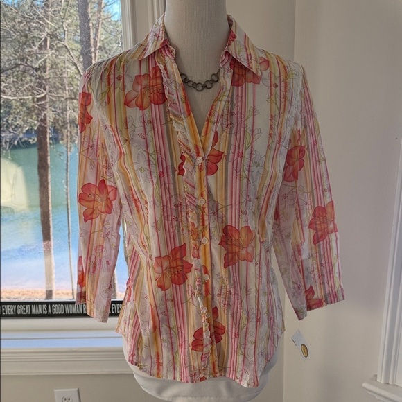Talbots Tops - Talbots Pink and Orange Cotton Floral Ruffle Button-Down Shirt, Size Small, NWT
